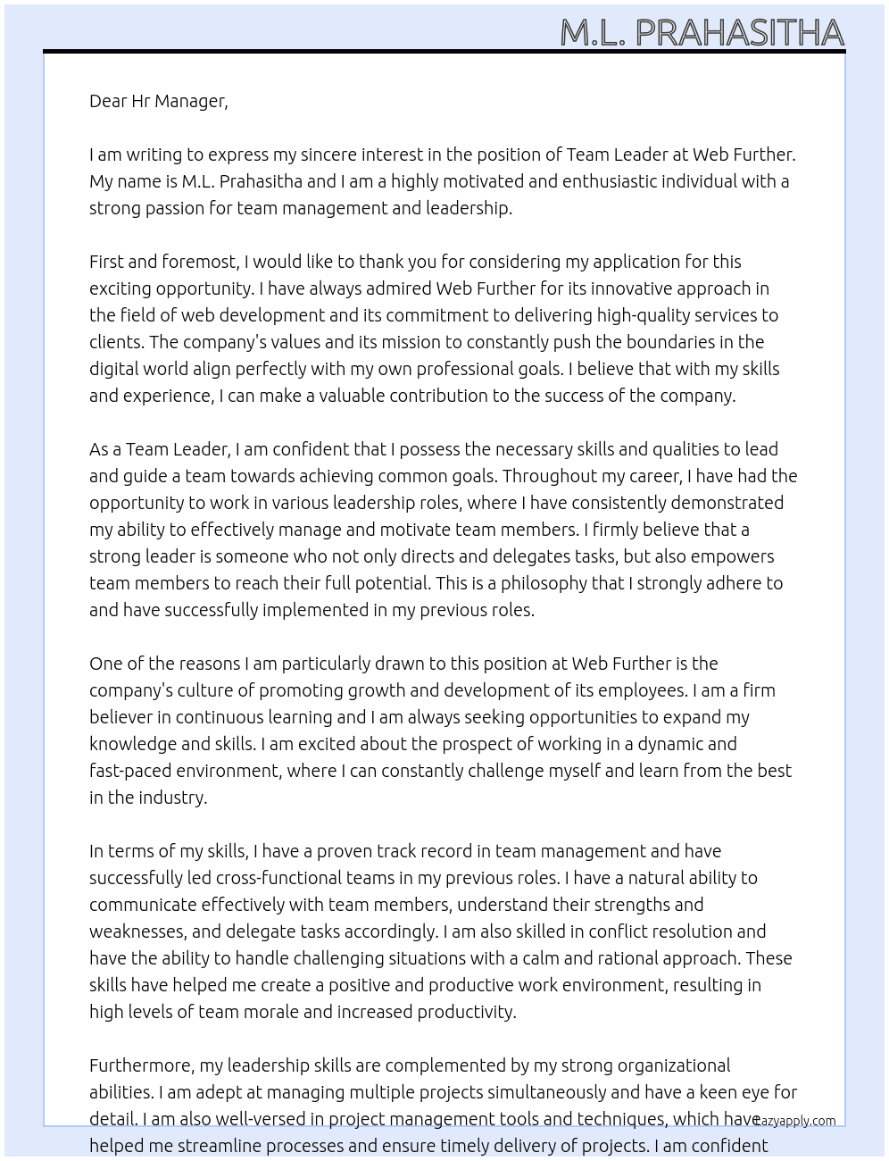 Team Leader At Web Further Cover Letter