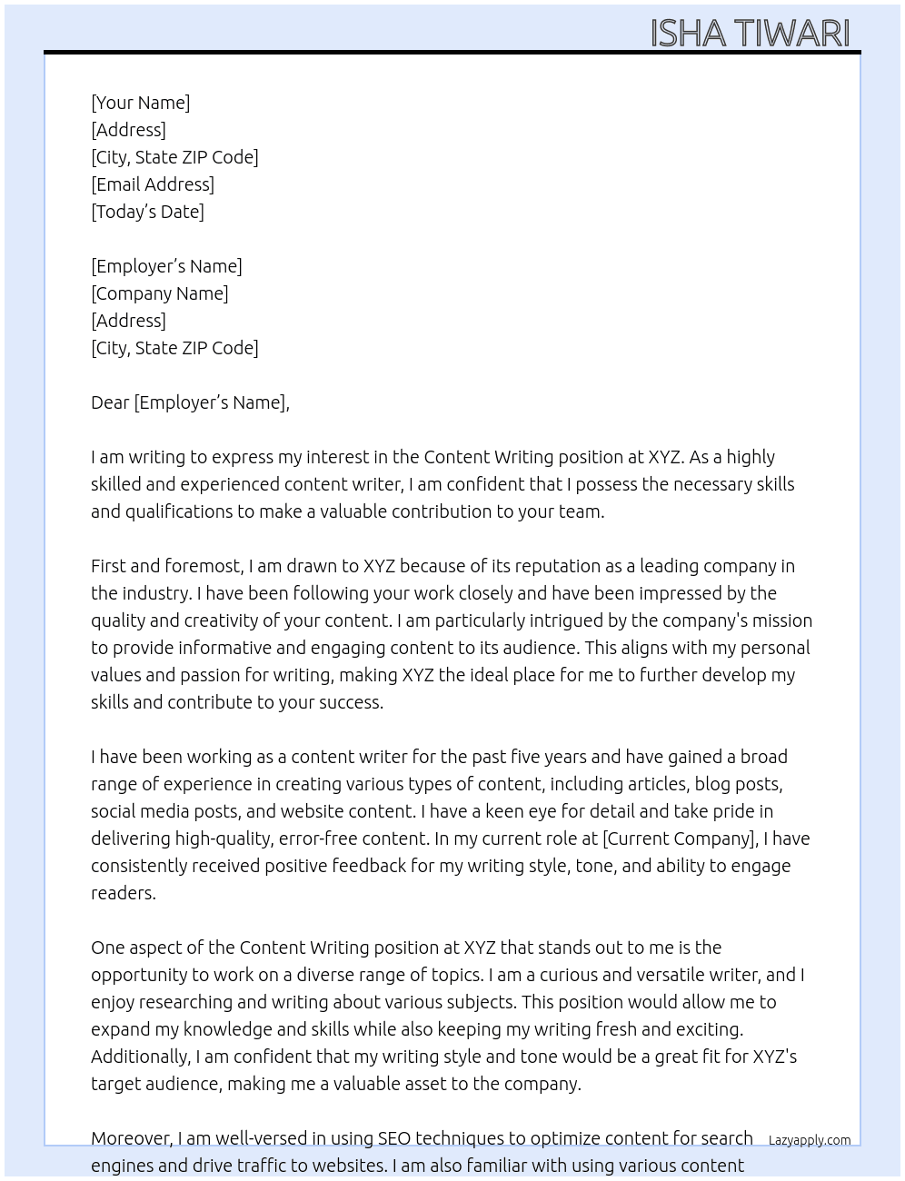 CONTENT WRITING  At XYZ Cover Letter