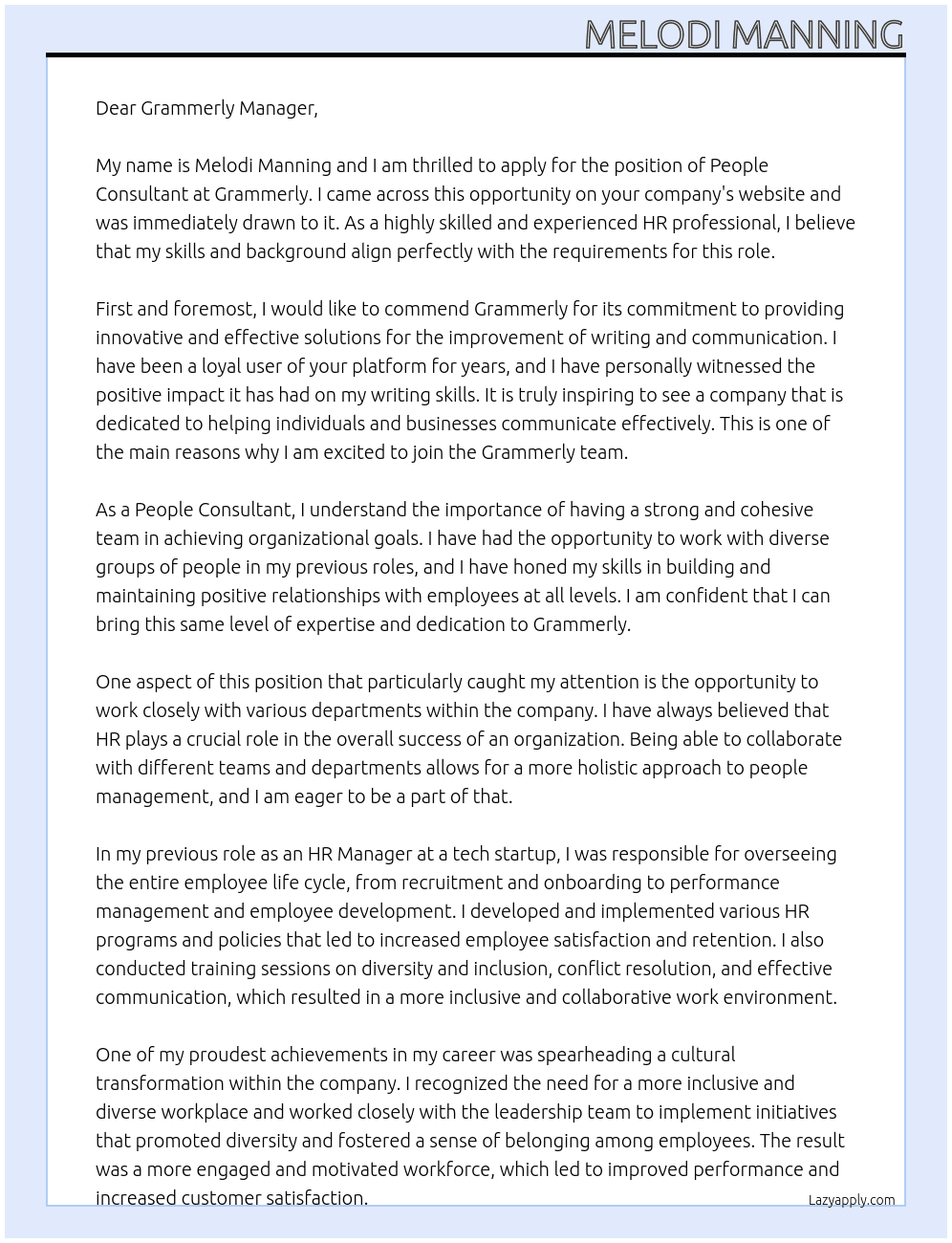 People Consultant At Grammerly Cover Letter