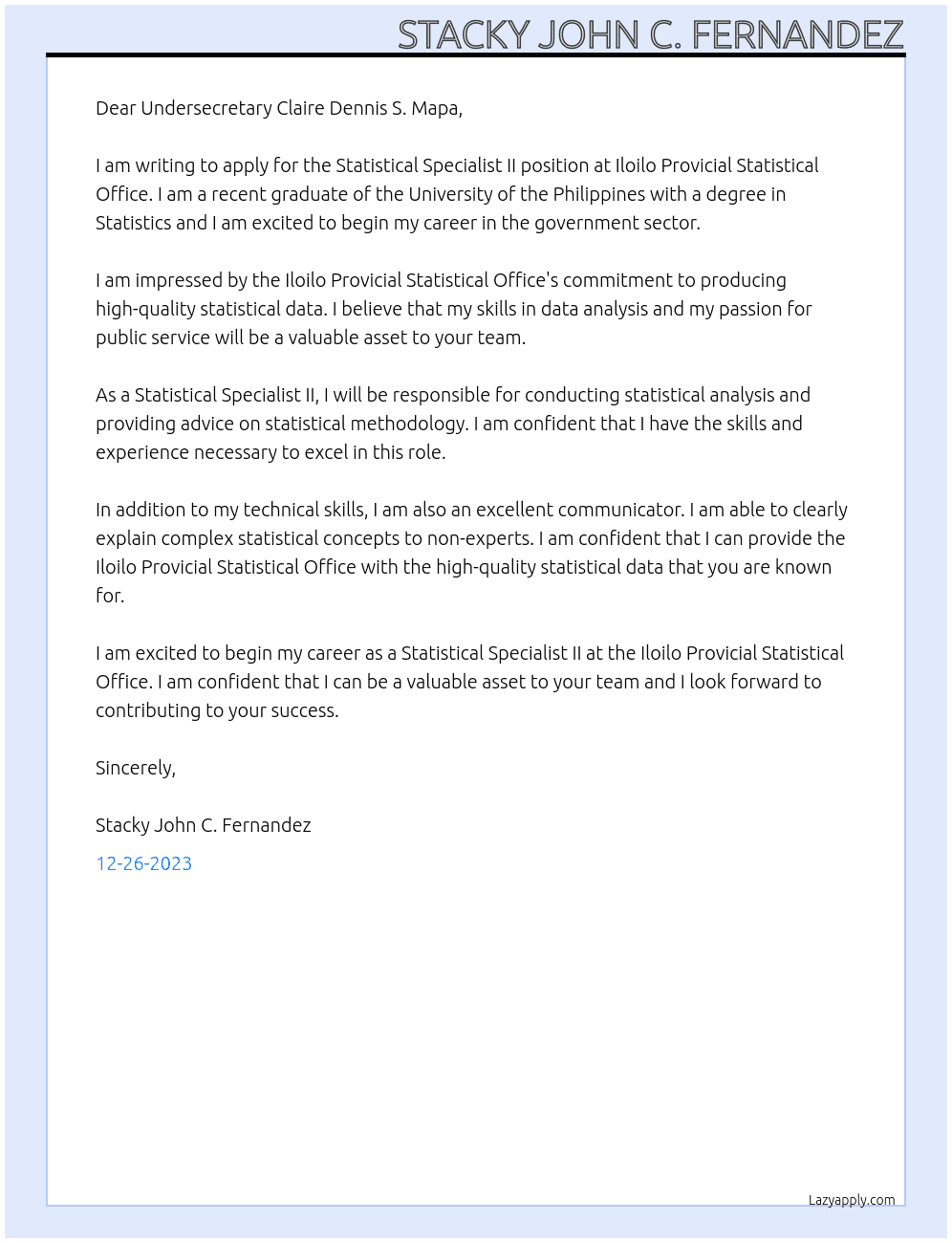 Statistical Specialist II At Iloilo Provicial Statistical Office Cover Letter