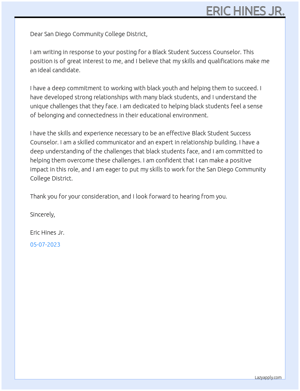 Black Student Success Counselor  At San Diego Community College District  Cover Letter
