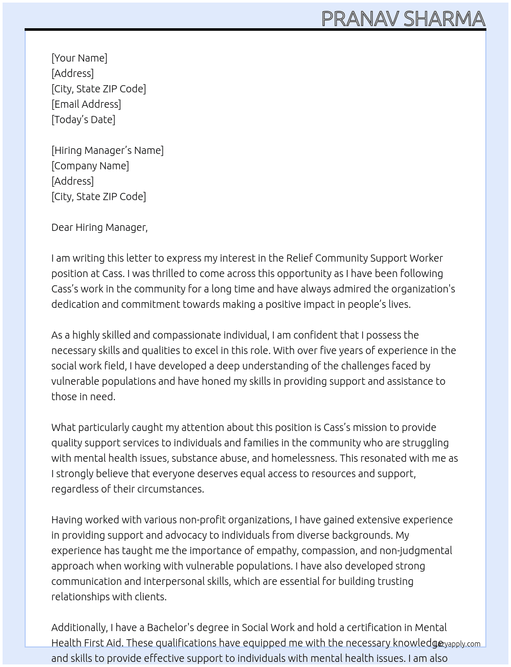 Releif community support worker At Cass Cover Letter