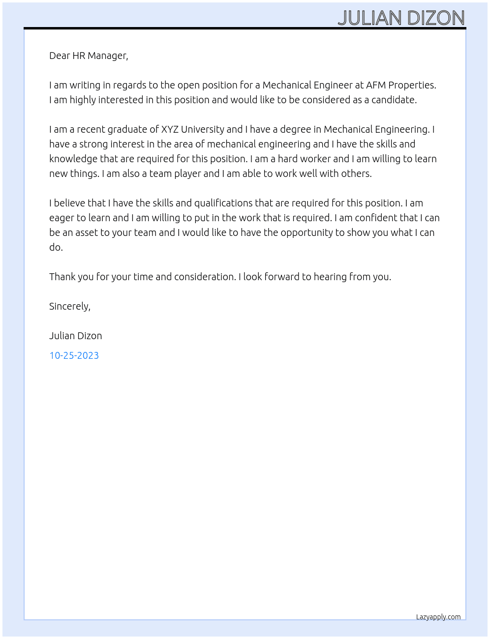 Mechanical Engineer At  AFM Properties Cover Letter