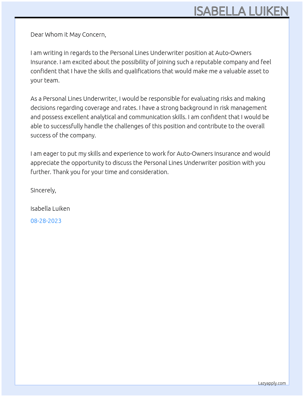 Personal Lines Underwriter At Auto-Owners Insurance Cover Letter