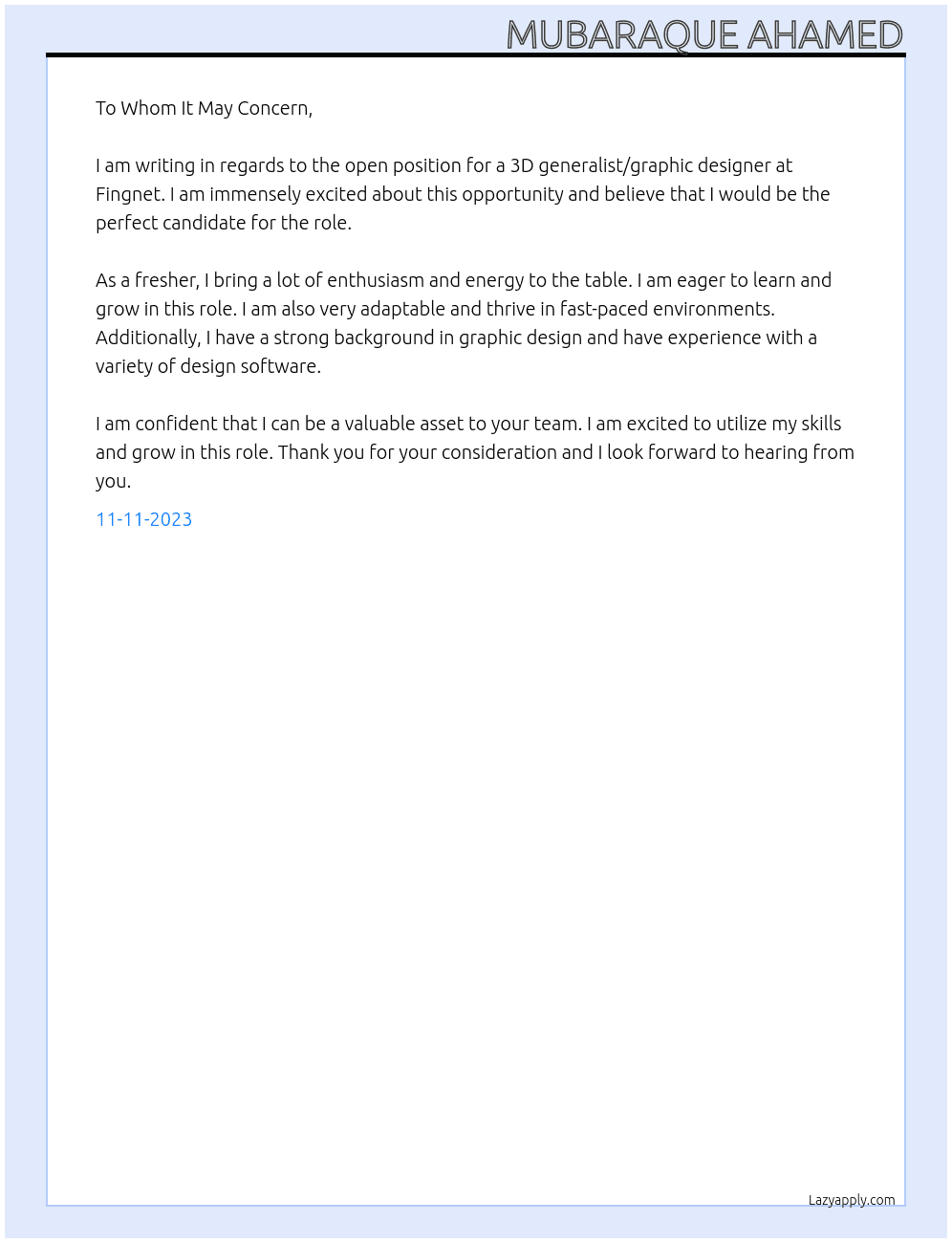 3D generalist/Graphic designer  At Fingnet Cover Letter