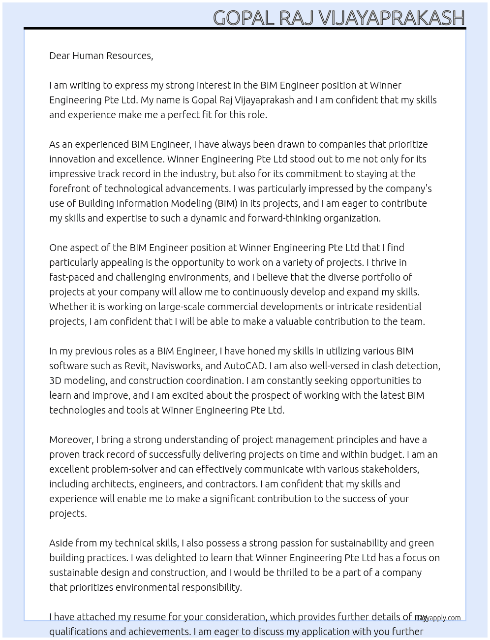 BIM ENGINEER At Winner Engineering Pte Ltd Cover Letter