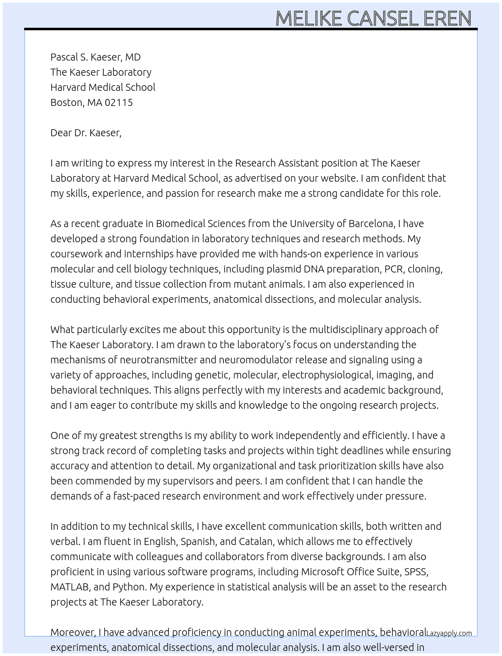 Research Assistant At The Kaeser laboratory Harvard Medical School Cover Letter