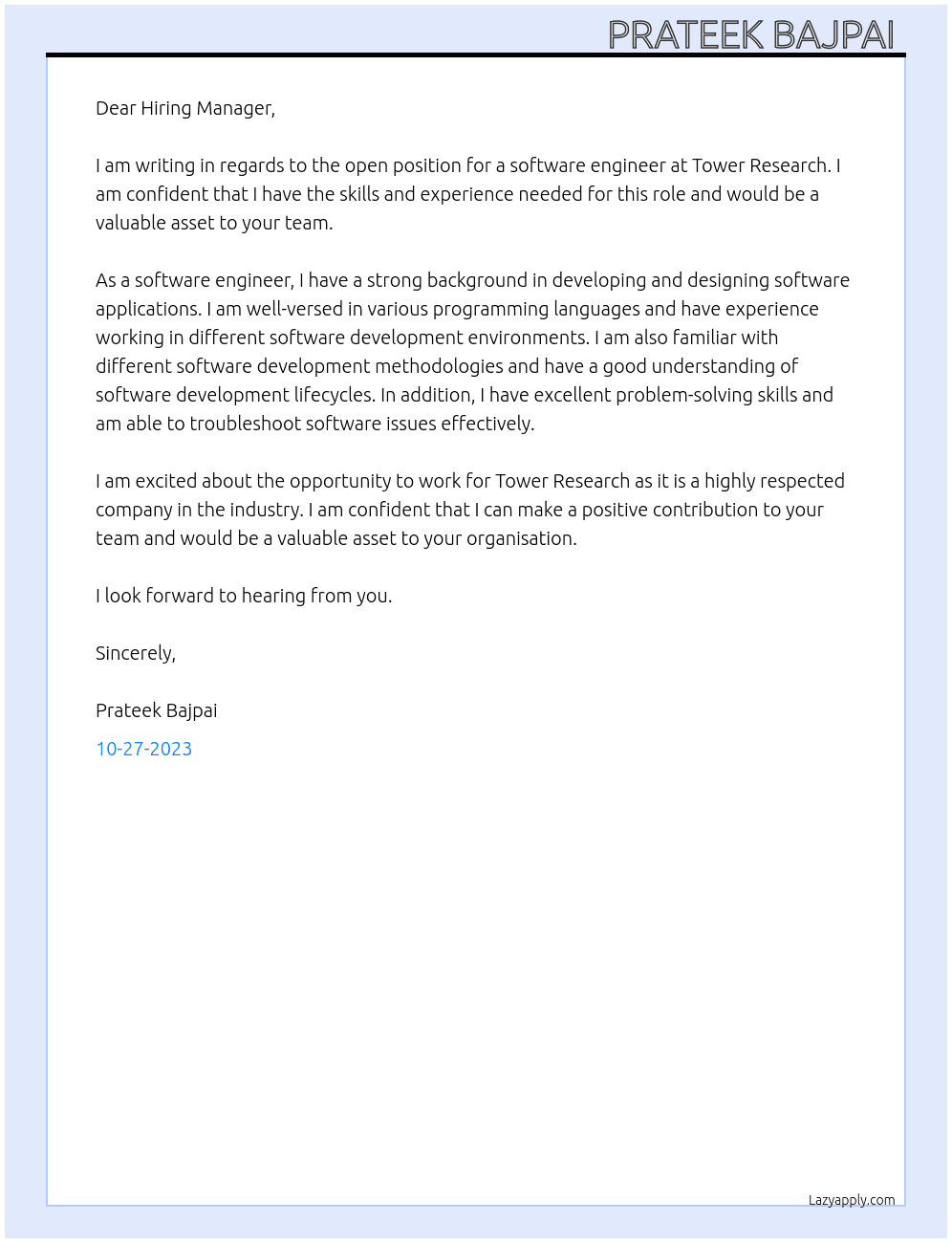 Software Engineer At tower research Cover Letter