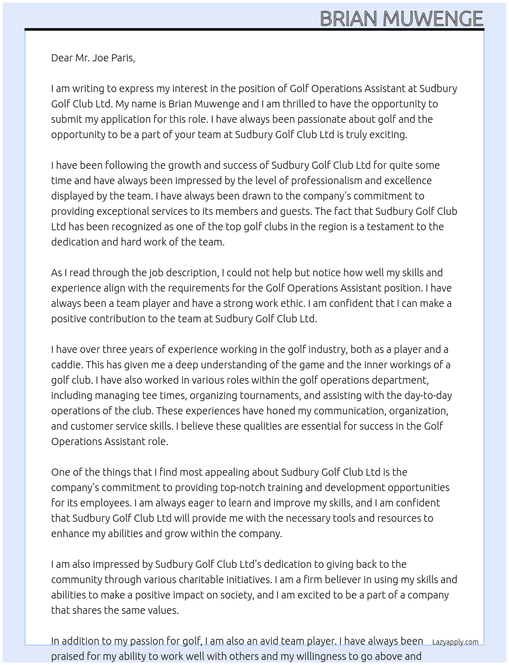 Cover letter for golf operations assistant - LazyApply
