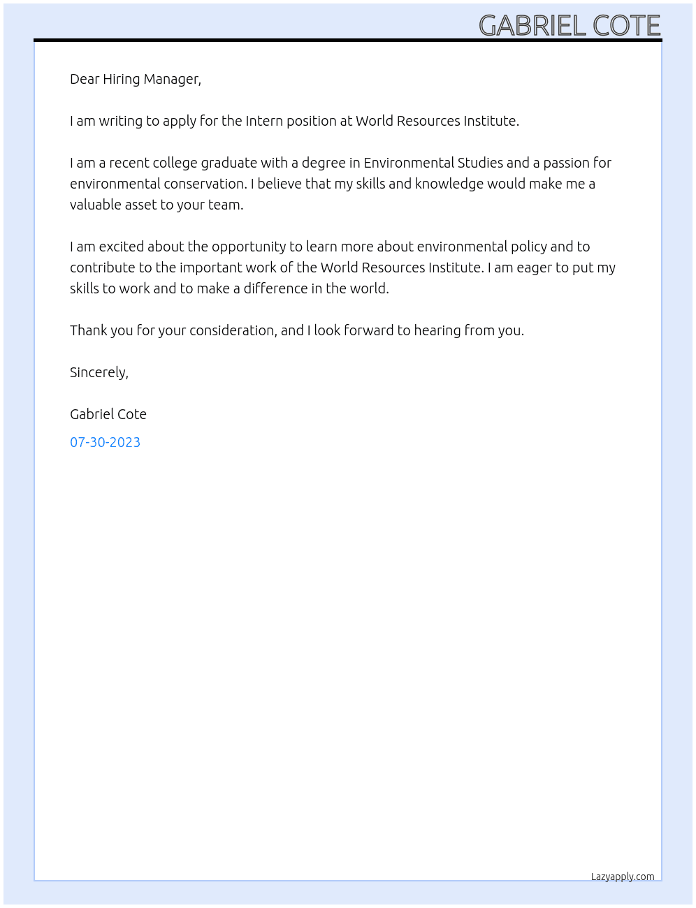 Intern At World Resources Institute Cover Letter