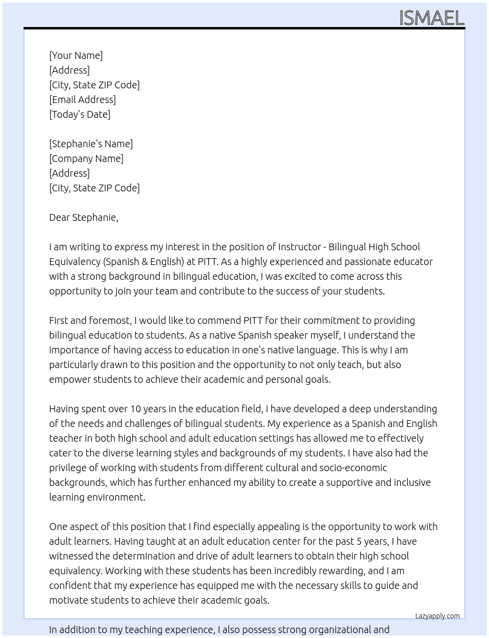 Instructor - Bilingual High School Equivalency (Spanish & English) At PITT Cover Letter