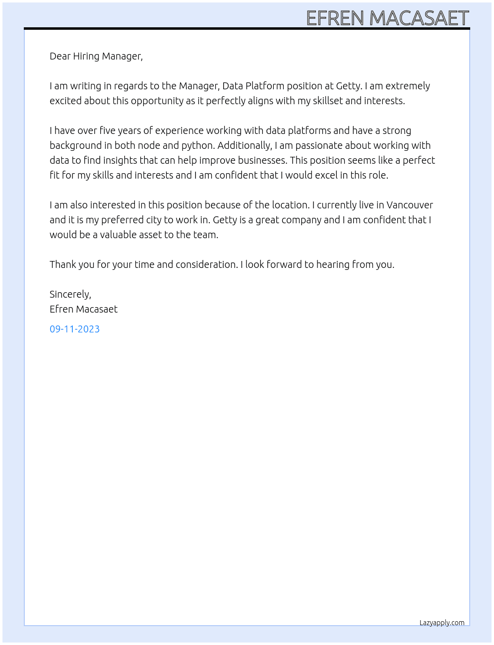 Manager, Data Platform At Getty Cover Letter