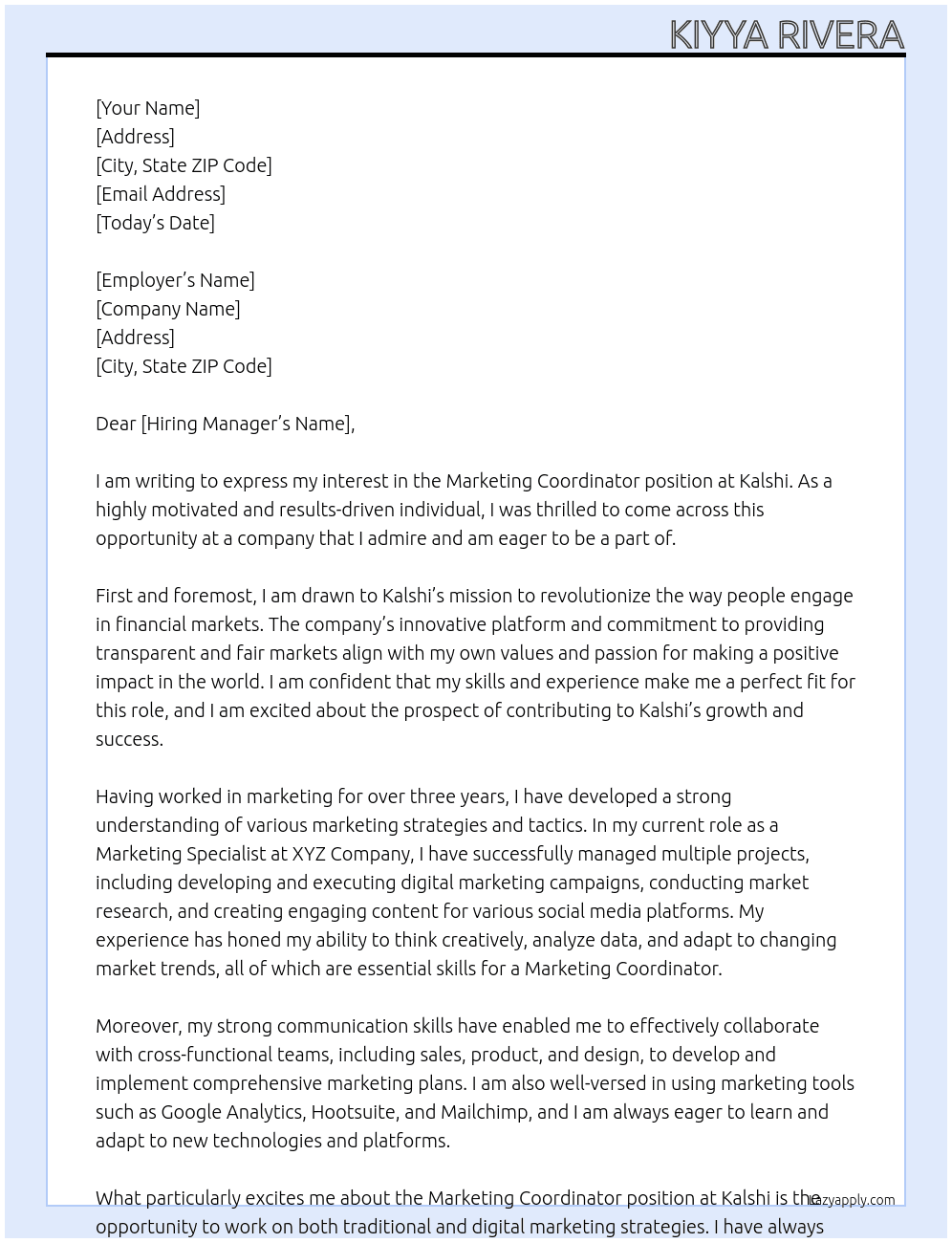 Marketing coordinator  At Kalshi Cover Letter