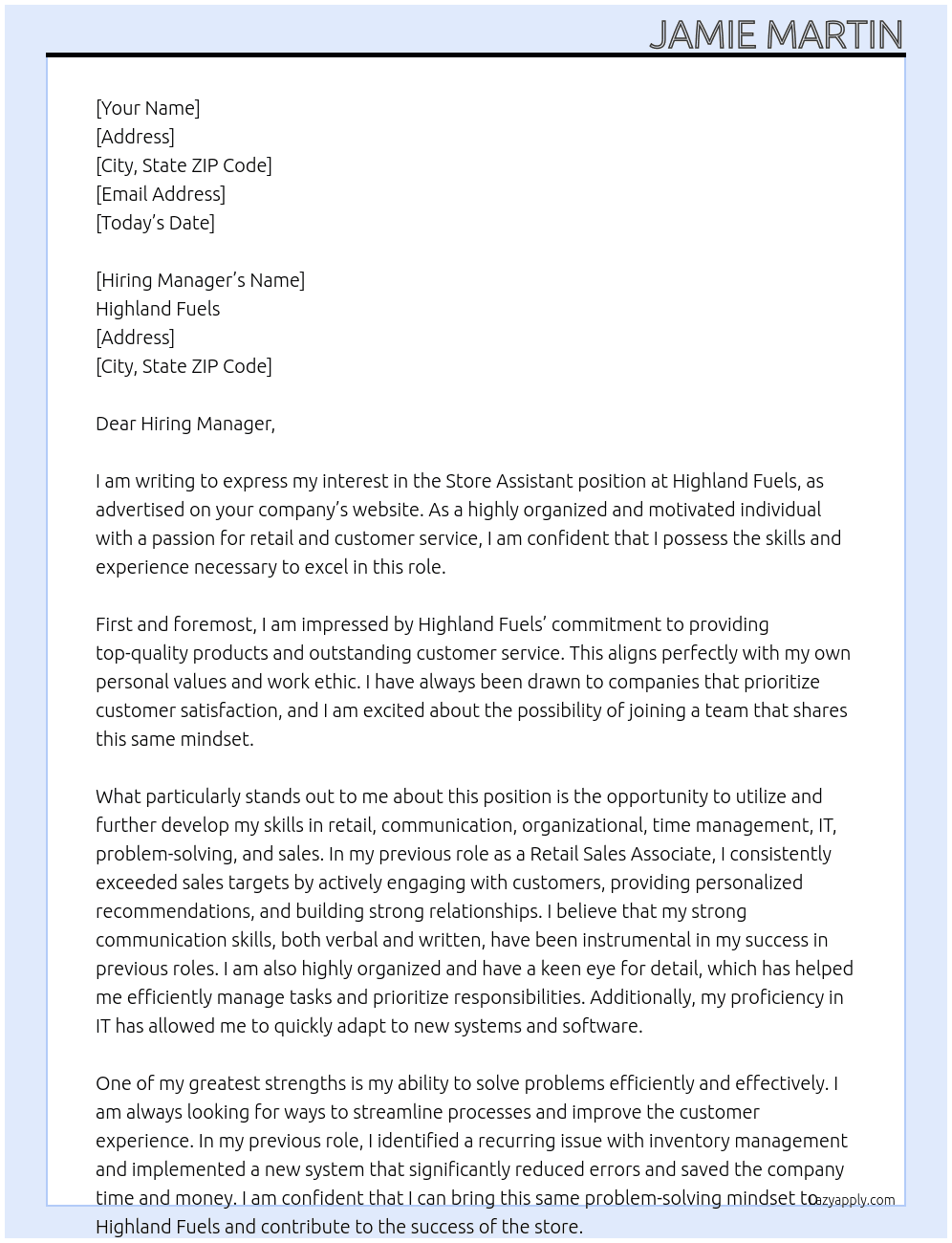 Store Assistant At Highland Fuels Cover Letter