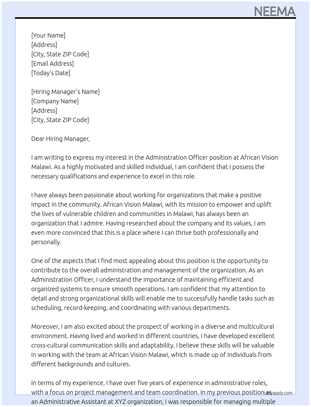 Administration Officer At African Vision Malawi Cover Letter