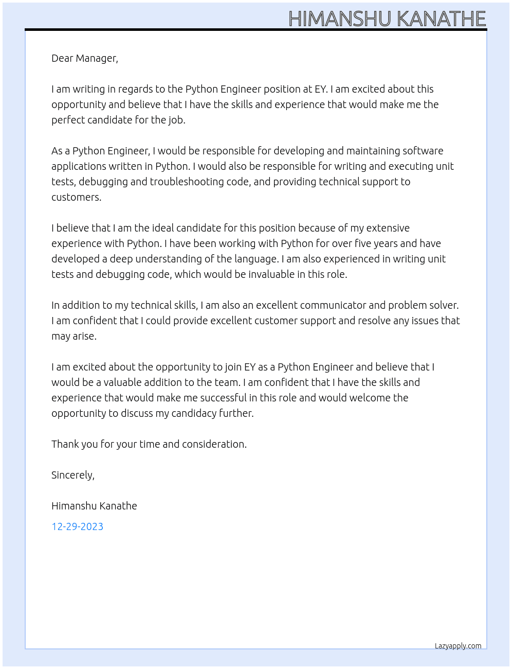 Python Engineer At EY Cover Letter