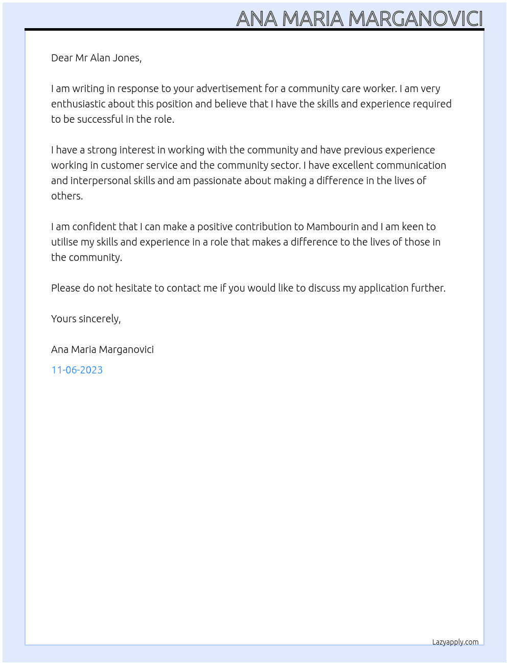 Community care worker At Mambourin Cover Letter