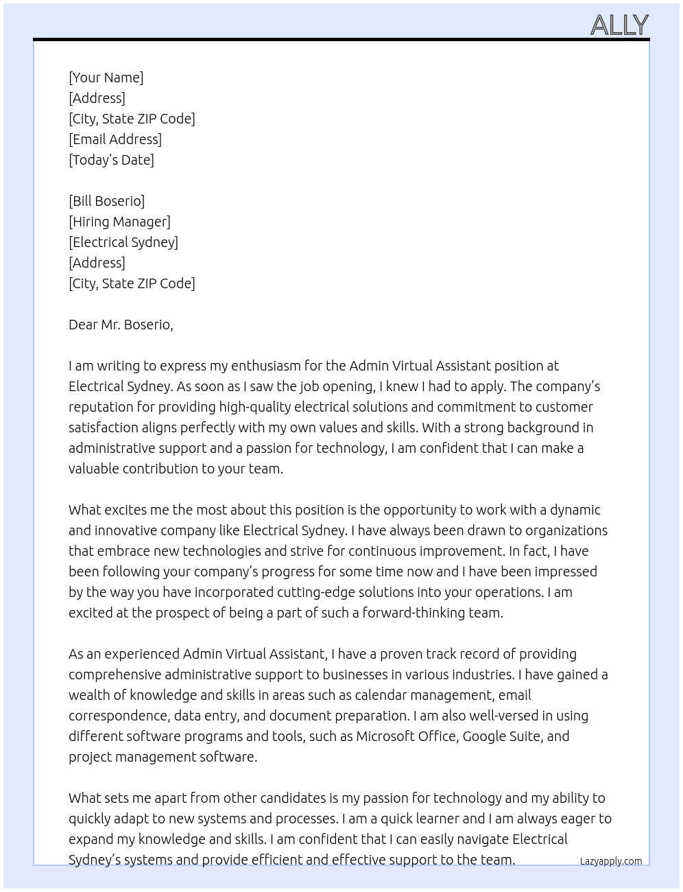 Admin Virtual Assistant At Electrical Sydney Cover Letter