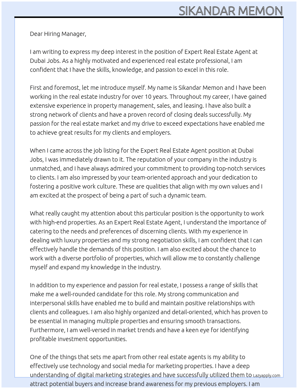 Cover letter for expert real estate agent - LazyApply