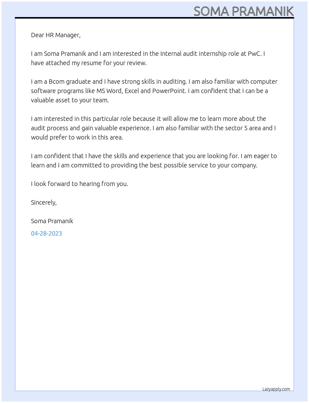 Internal audit At PwC Cover Letter