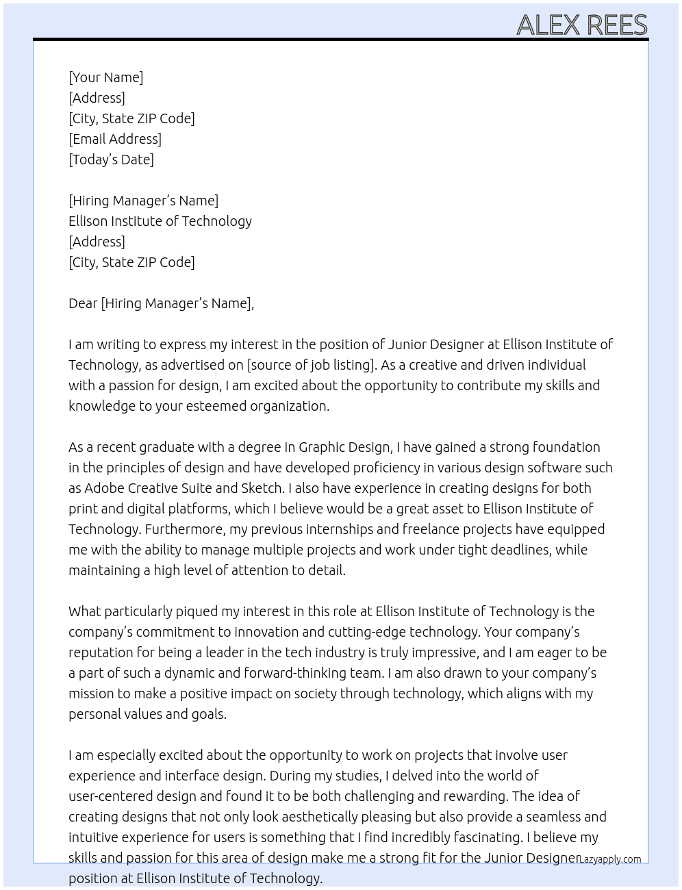 junior designer  At Ellison Institute of Technology  Cover Letter