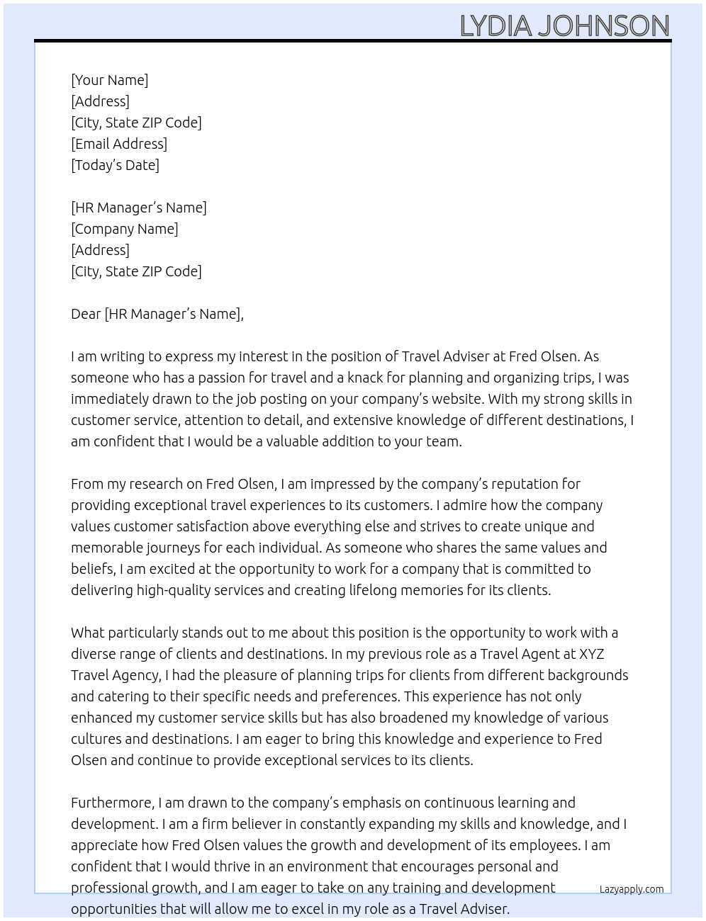 travel adviser At Fred olsen Cover Letter