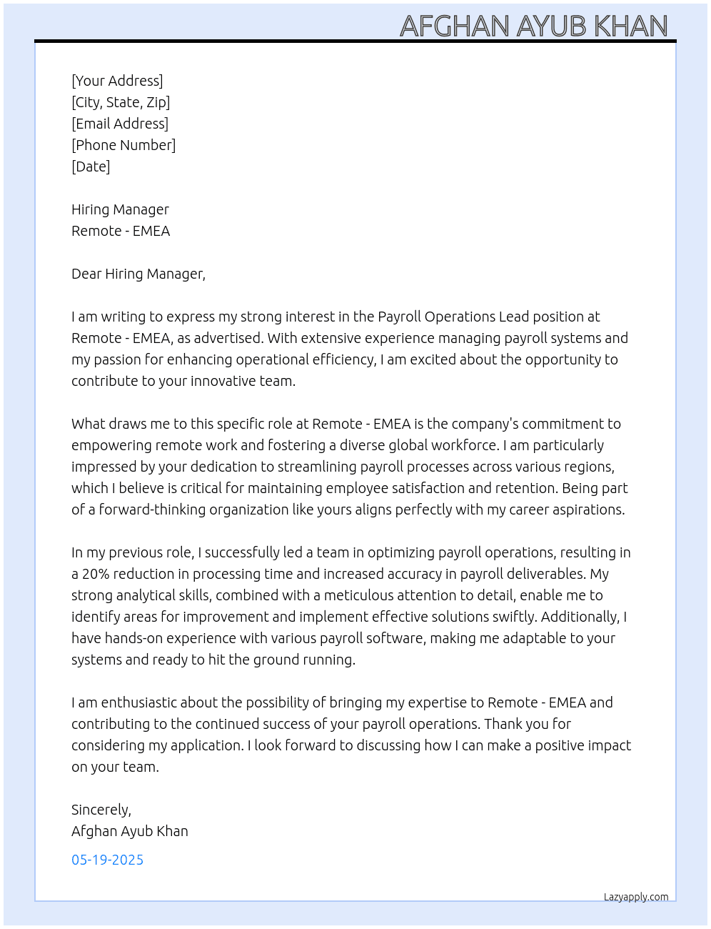 Cover letter for payroll operations lead - LazyApply