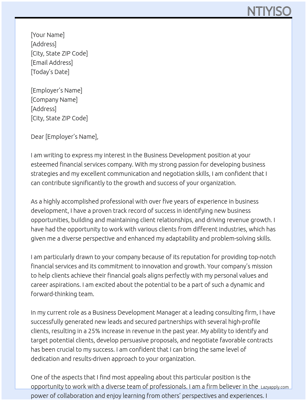 business development  At financial services company  Cover Letter