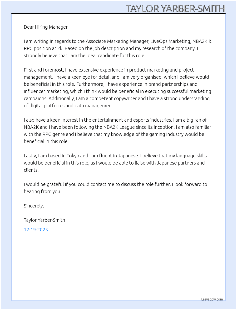 Associate Marketing Manager, LiveOps Marketing, NBA2K & RPG At 2k Cover Letter