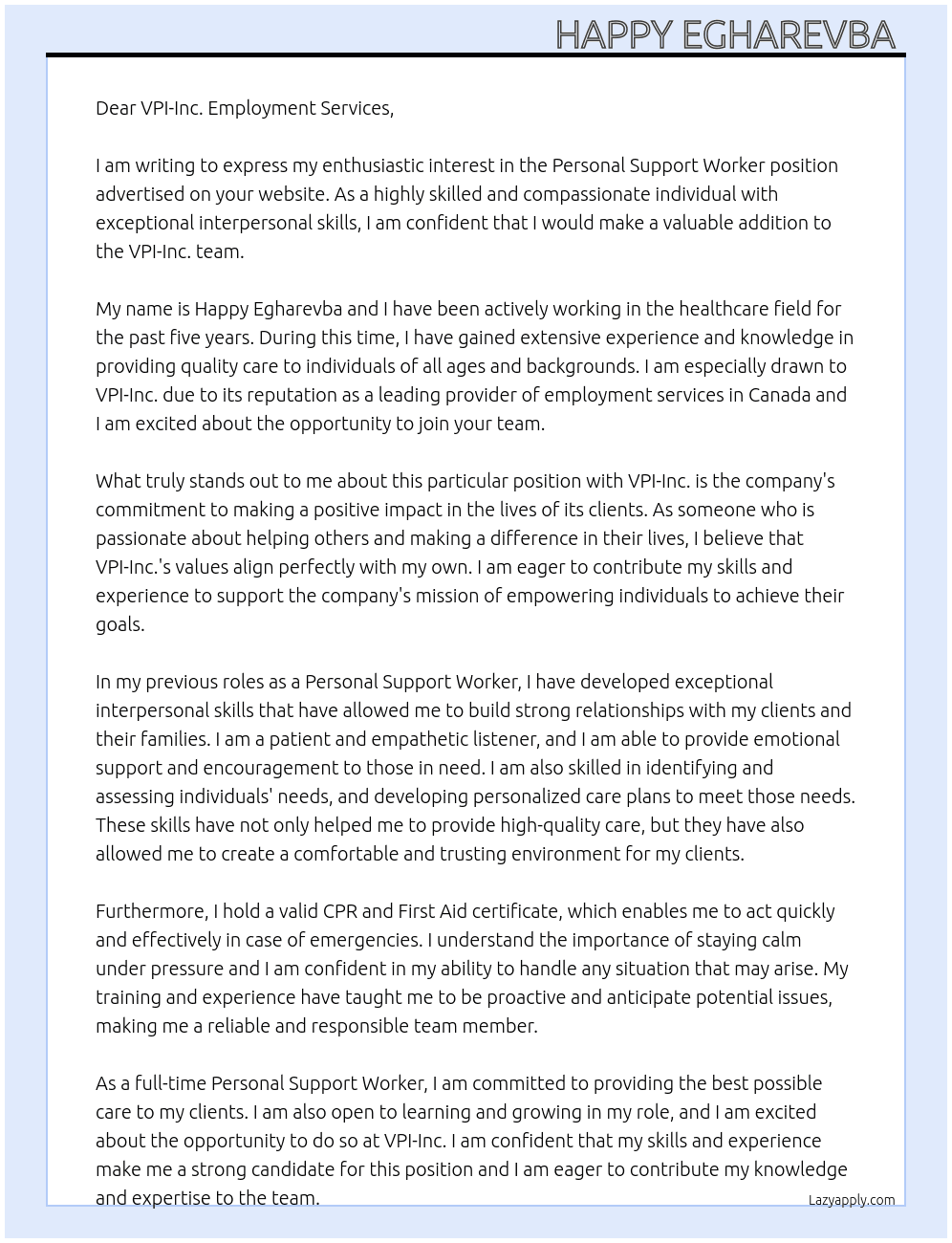 Personal support worker  At Vpi-inc. Cover Letter