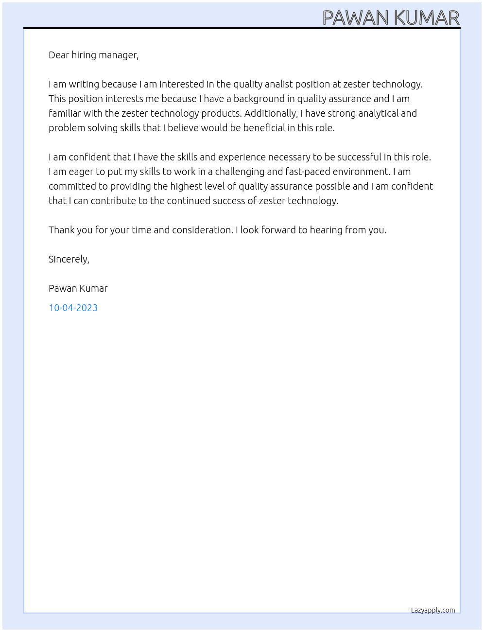 quality analist At zester technology Cover Letter