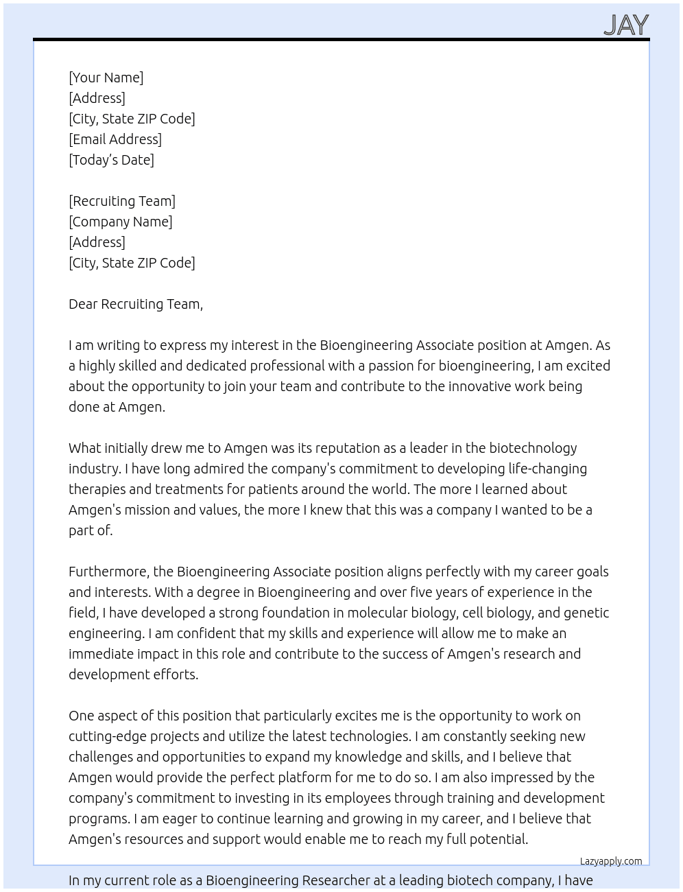 Bioengineering Associate At Amgen Cover Letter