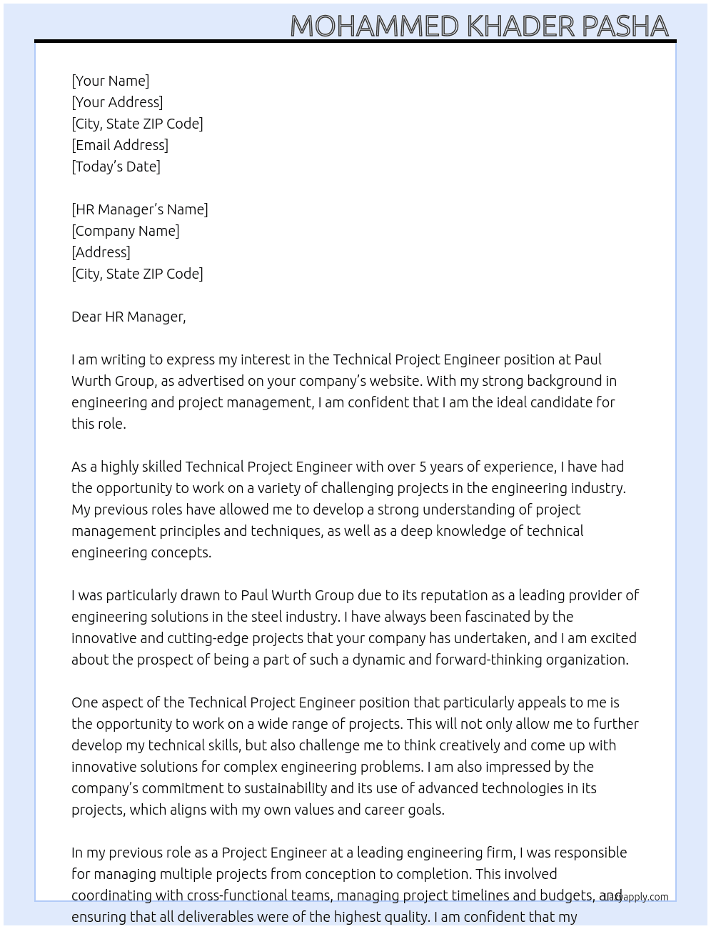 Technical Project Engineer At Paul Wurth Group Cover Letter