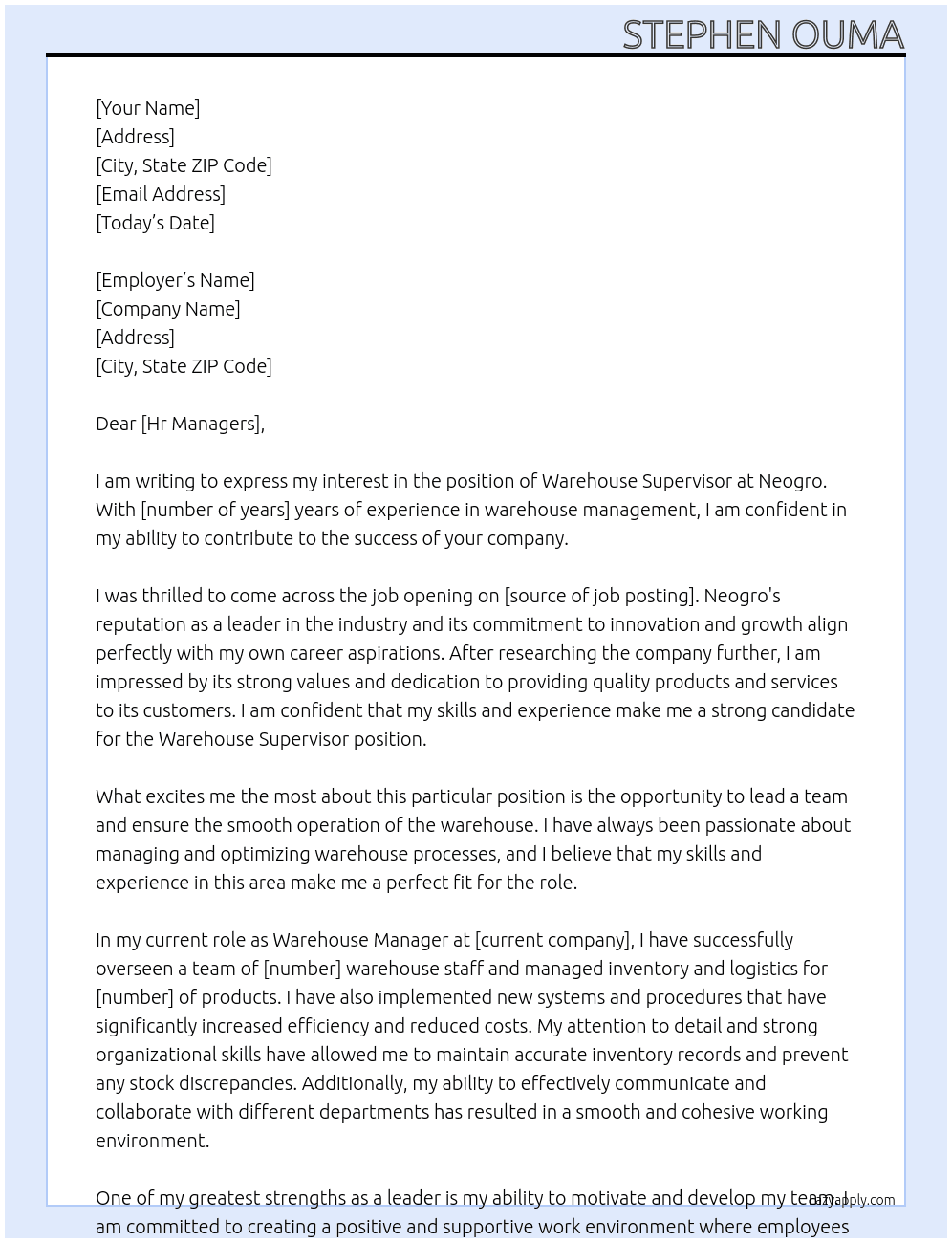 ware house supervisor  At Neogro Cover Letter