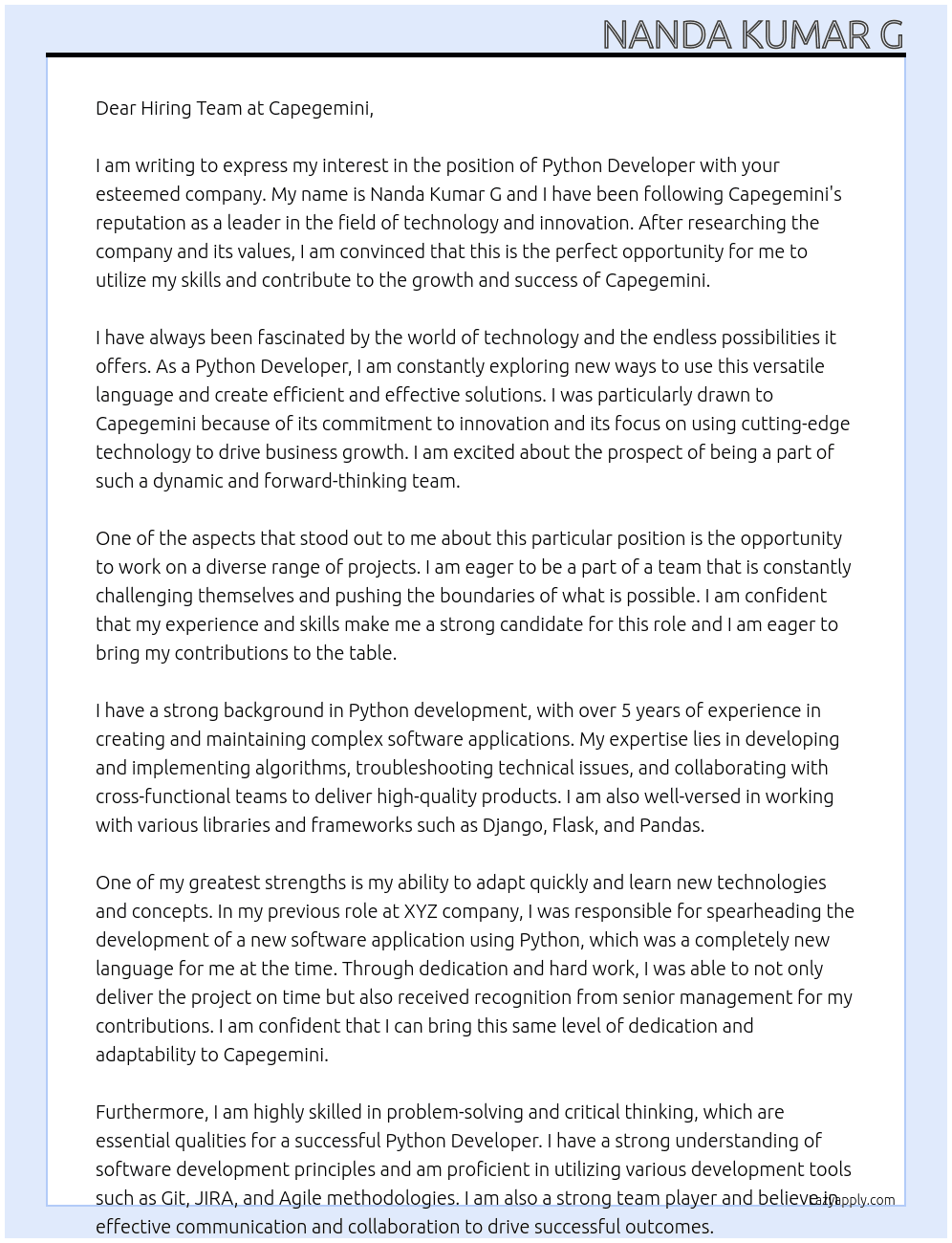 Cover letter for python devoloper - LazyApply
