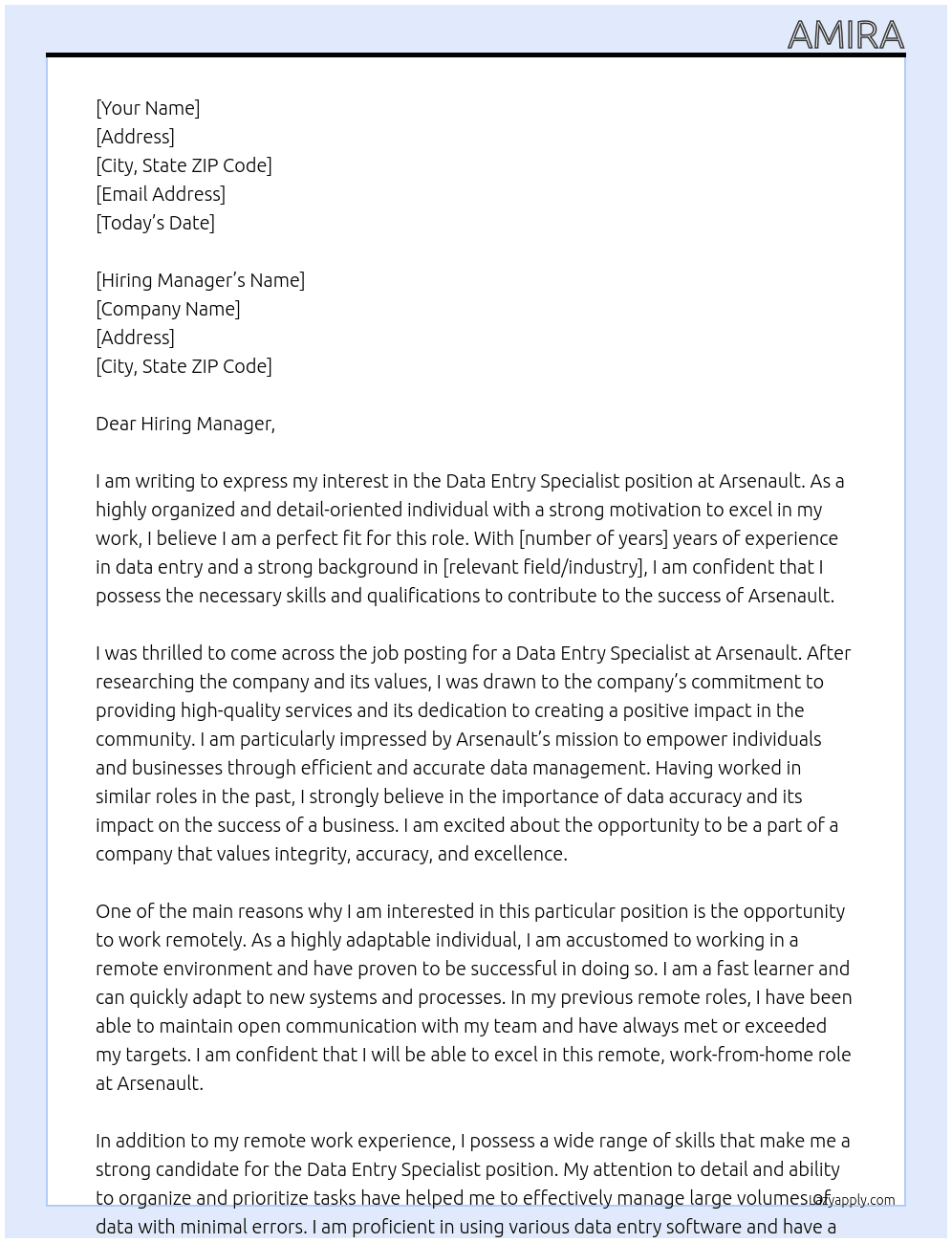 Data Entry Specialist  At Arsenault Cover Letter