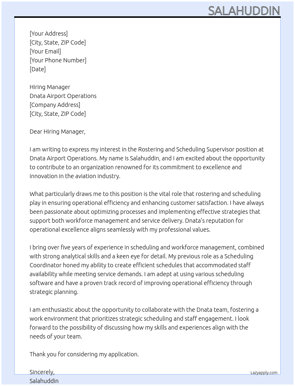 Rostering and Scheduling Supervisor - Dnata Airport Operations At Dnata Airport Operation Cover Letter