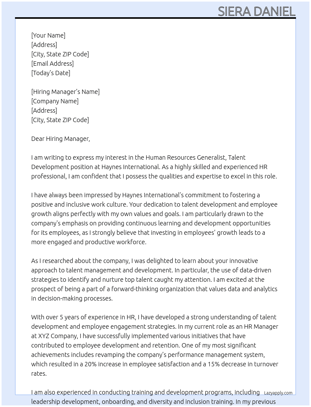 Human Resources Generalist, Talent Development At Haynes International  Cover Letter
