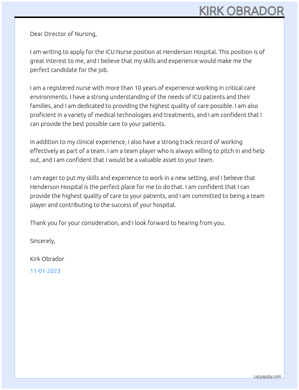 ICU Nurse At Henderson Hospital Cover Letter