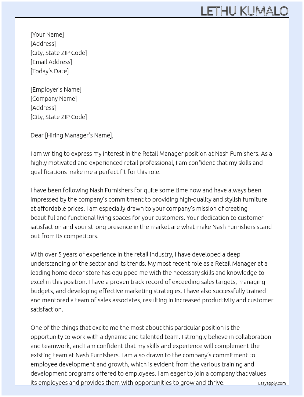 RETAIL MANAGER At NASH FURNISHERS Cover Letter