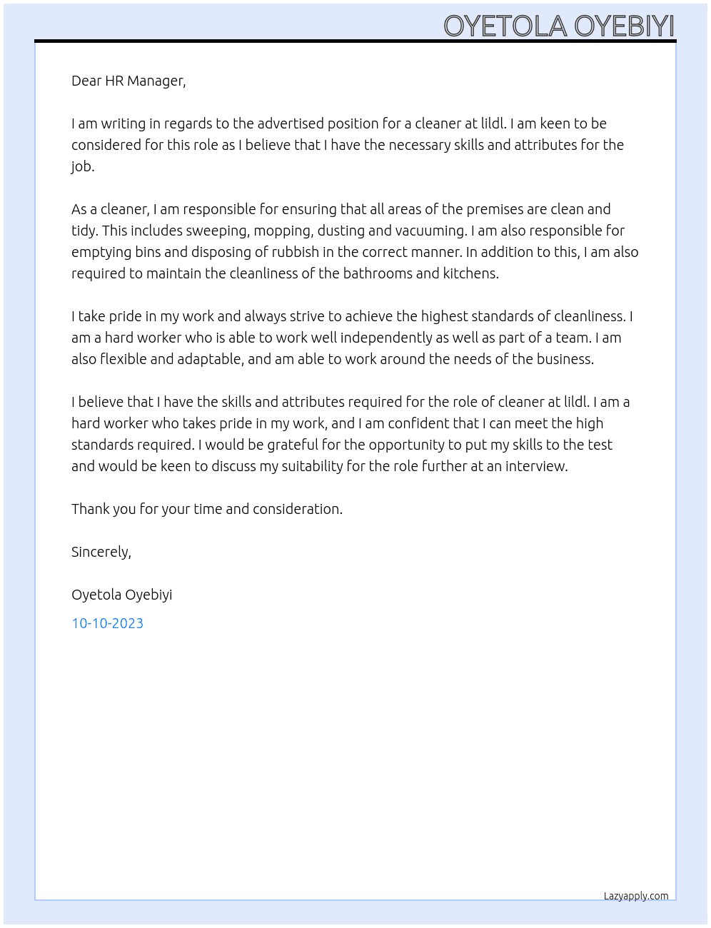 cleaner At lildl  Cover Letter