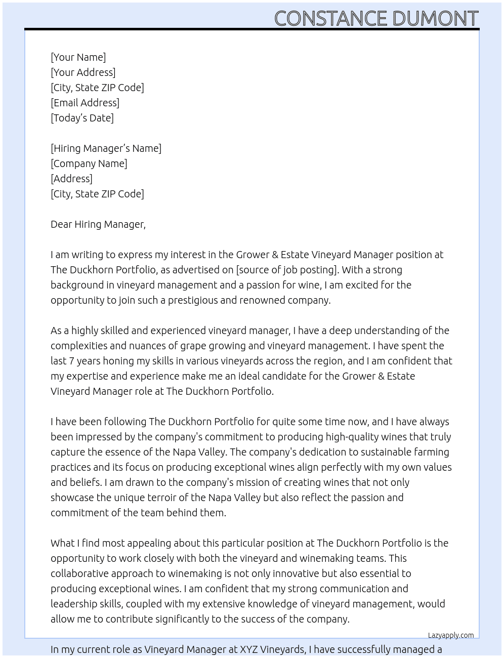 Grower & Estate Vineyard Manager At The Duckhorn Portfolio Cover Letter