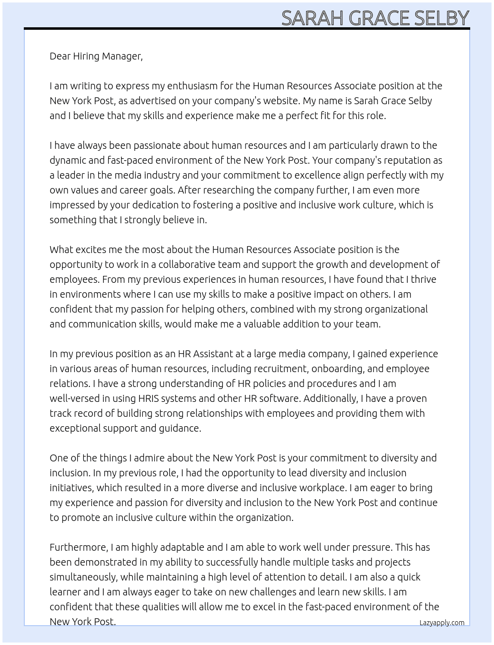 Human Resources Associate  At New York Post Cover Letter
