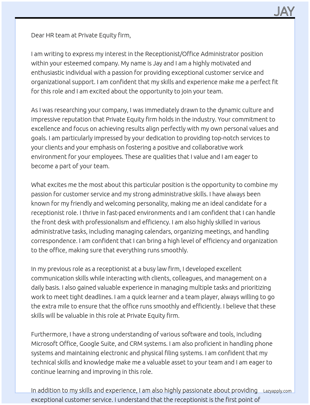 Receptionist / Office Administrator At Private Equity firm Cover Letter