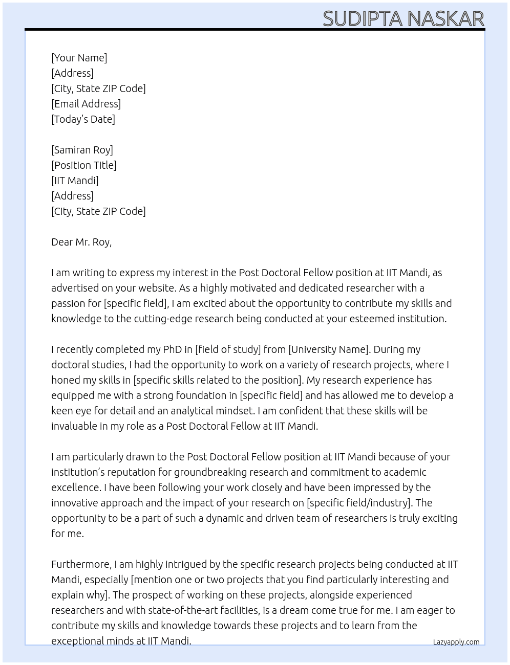 Post Doctoral Fellow At IIT Mandi Cover Letter