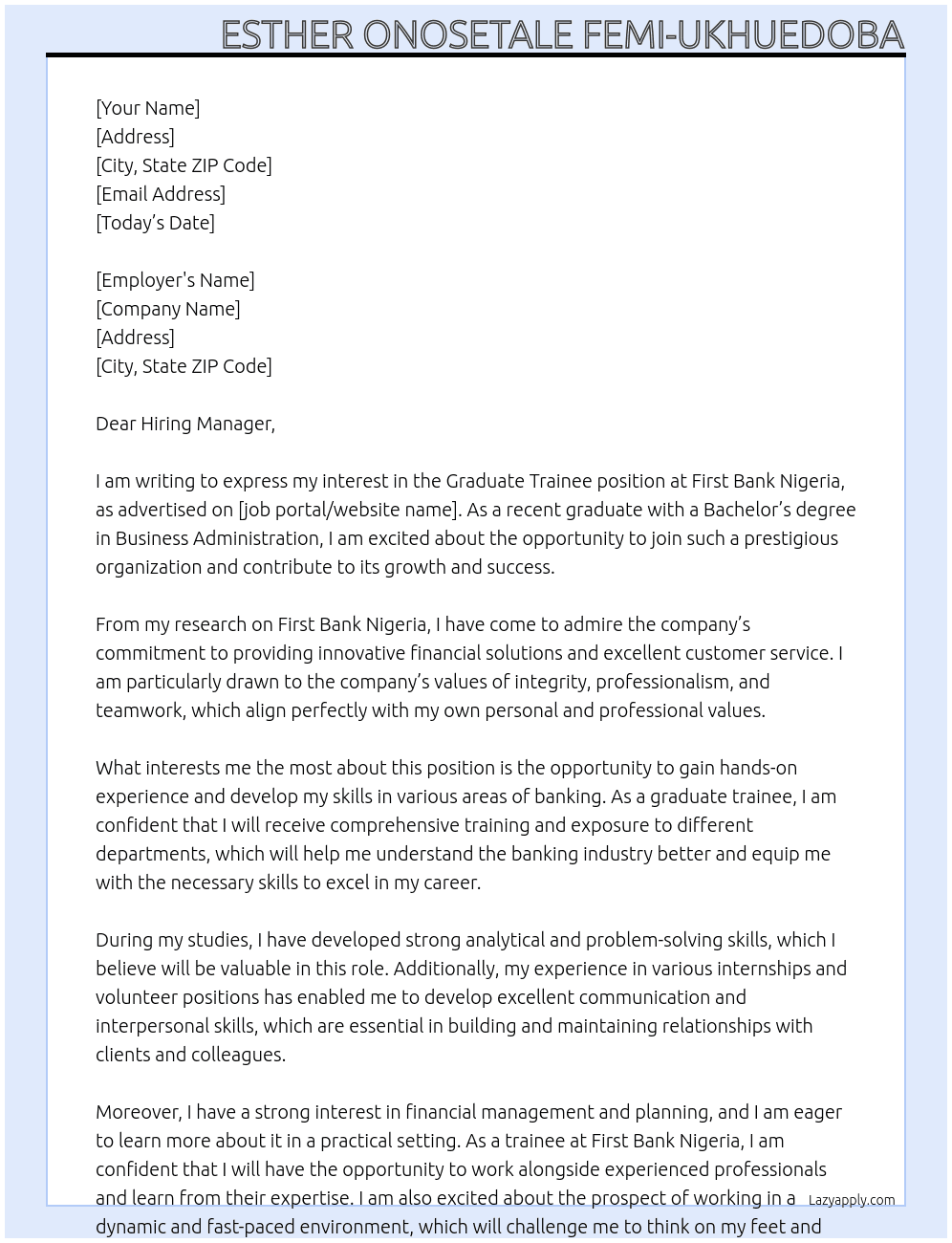 Graduate trainee  At First Bank Nigeria Cover Letter