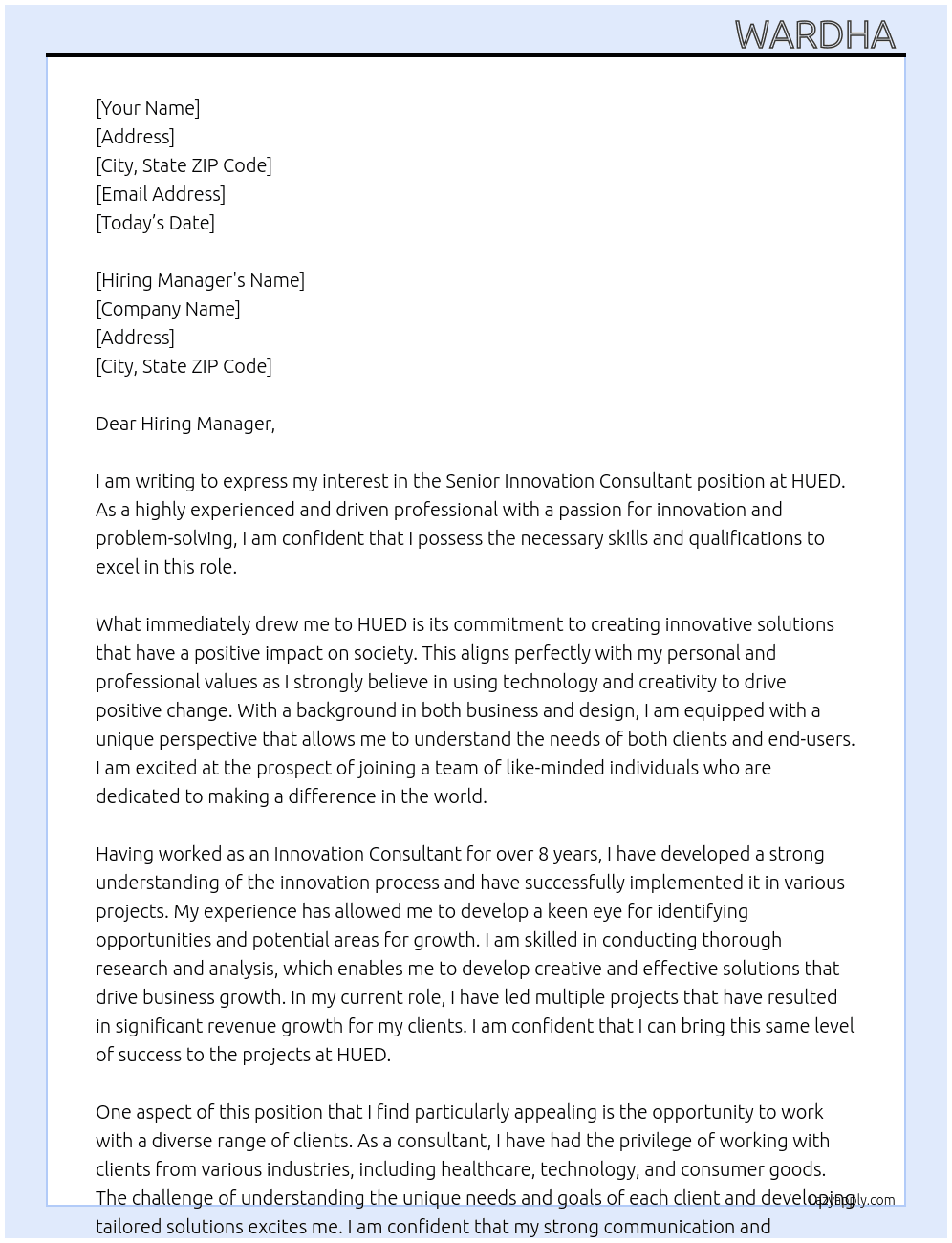 senior innovation consultant  At HUED Cover Letter