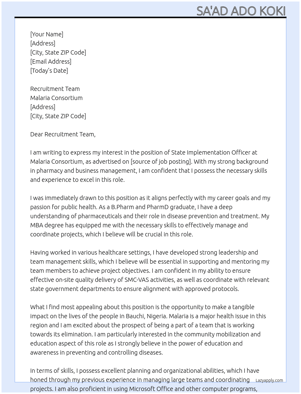 State Implementation officer At Malaria Consortium Cover Letter