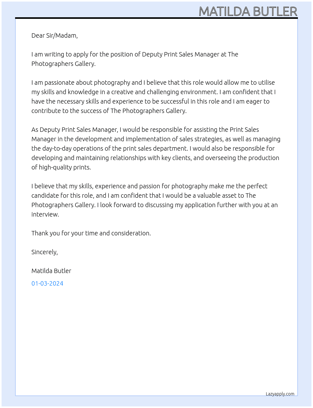 Deputy Print Sales Manager At The Photographers Gallery Cover Letter