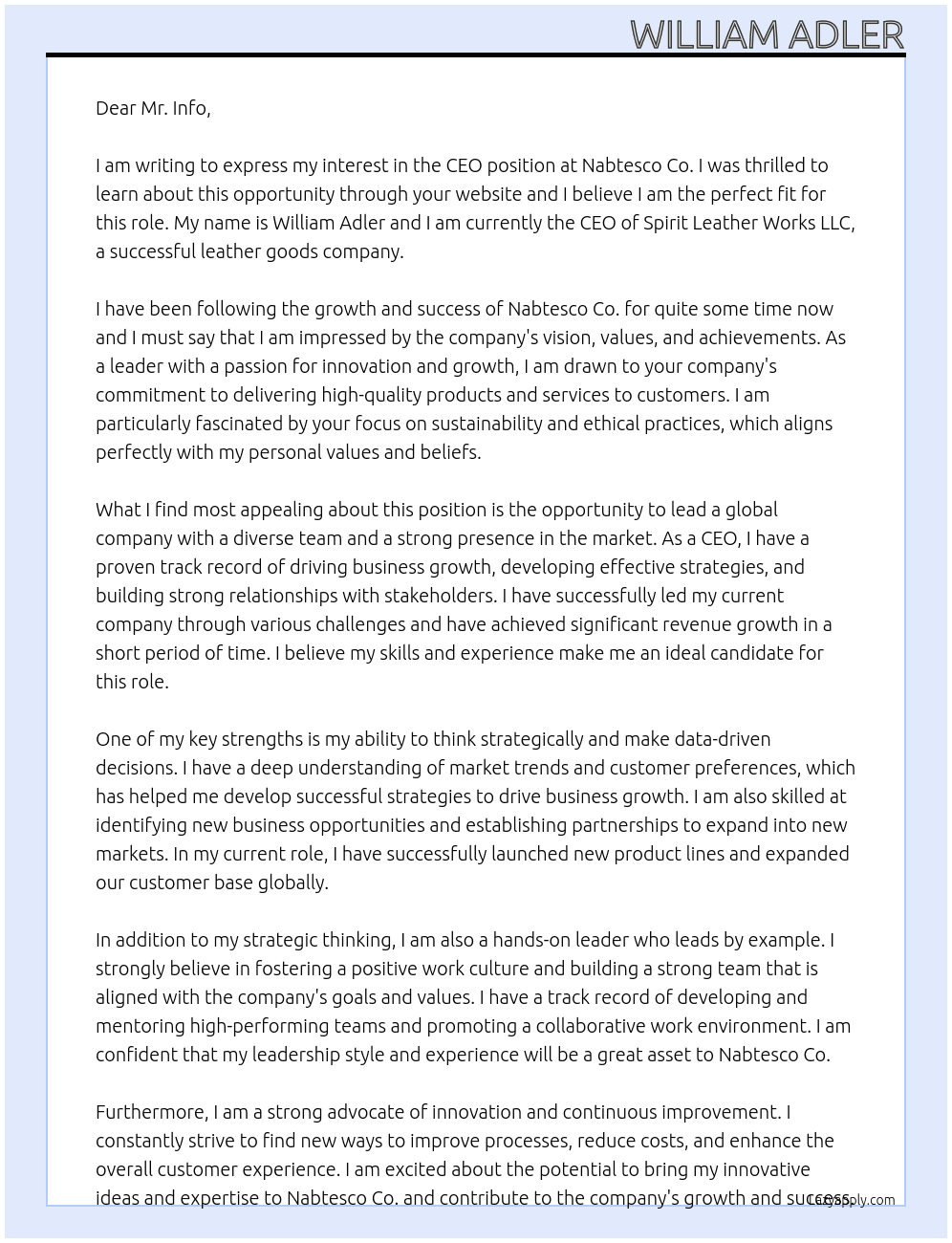 CEO At Spirit Leather Works LLC Cover Letter